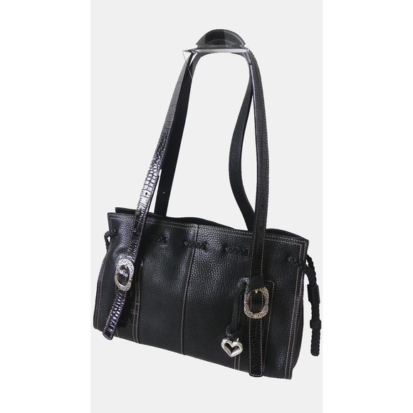 BRIGHTON Black Pebble Leather Shoulder Bag Tote Filigree Buckle Satchel SW Liner - Picture 1 of 16